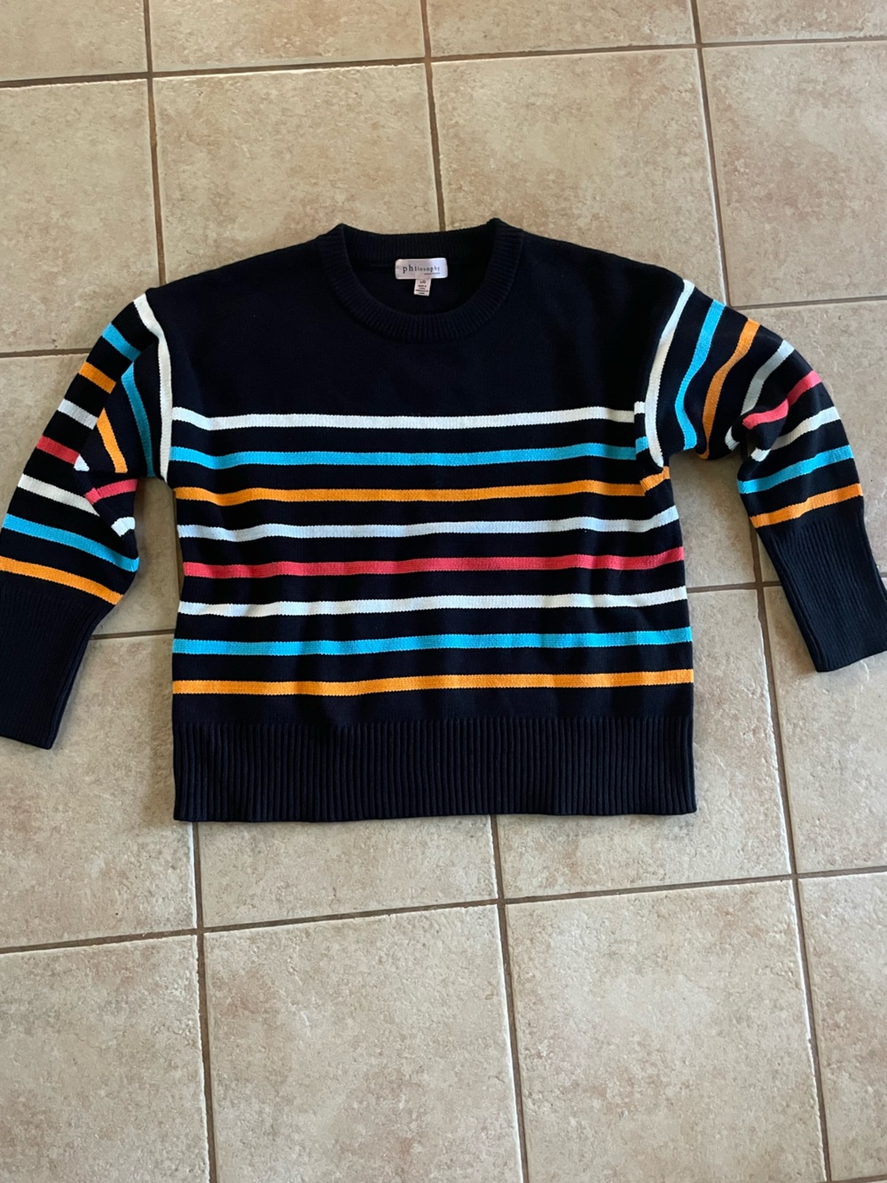 Black Crewneck Sweater with Vibrant Multicolor Stripes